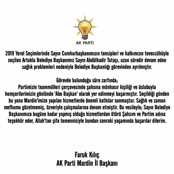 Ak Parti İl Başkanı Faruk Kılıç'tan Açıklama