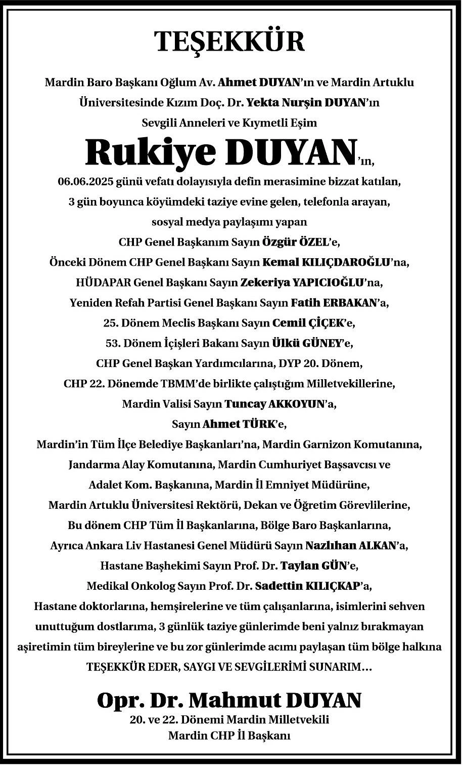 Opr.Dr. Mahmut Duyan Taziye Mesajı Yayımladı
