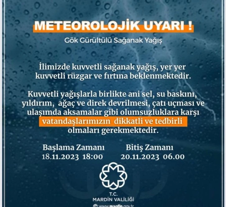 Valilik Meteoroloji Uyarısı Yaptı