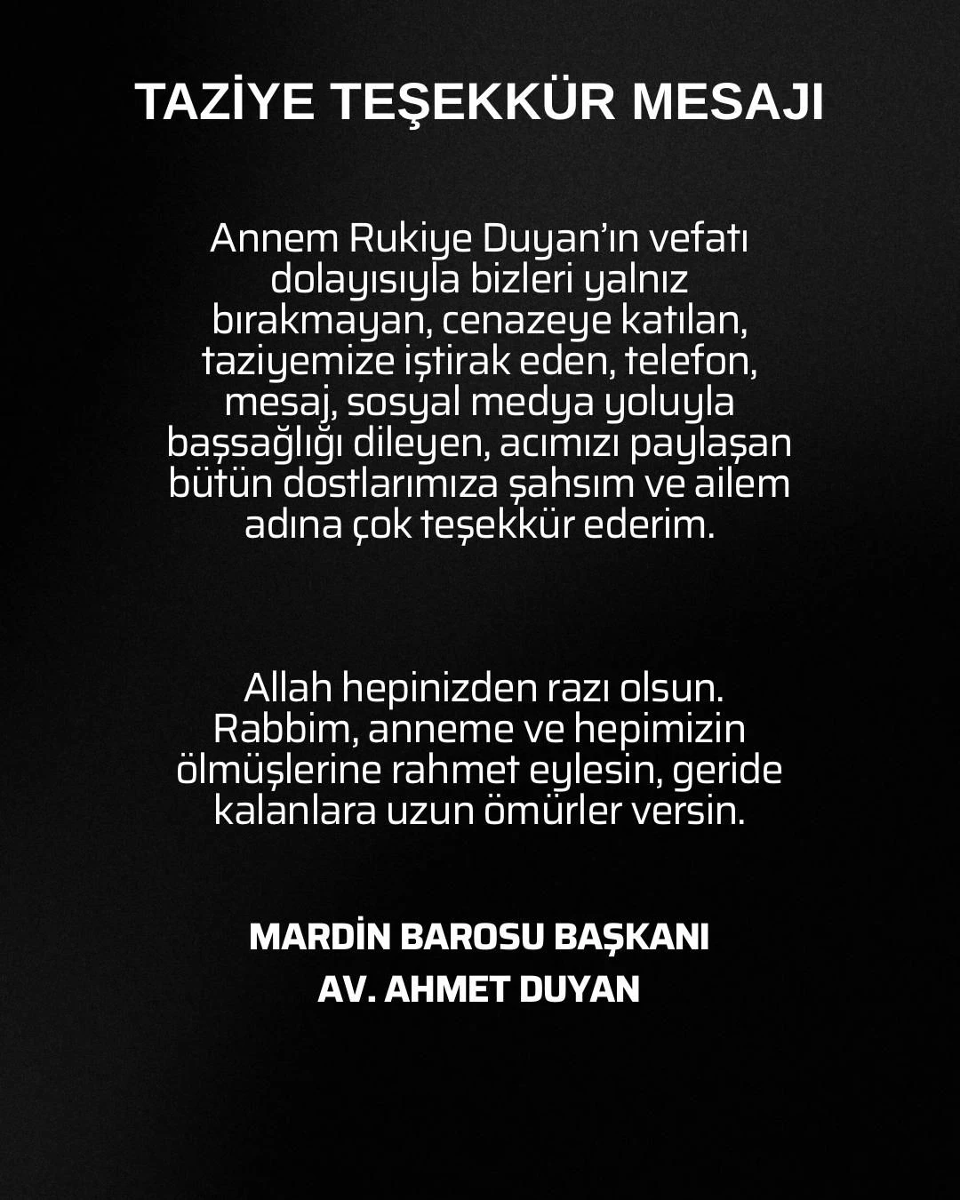 Mardin Baro Başkanı Duyan'ın Taziye Mesajı