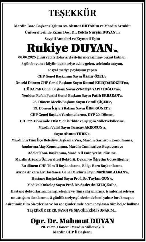 Opr.Dr. Mahmut Duyan Taziye Mesajı Yayımladı